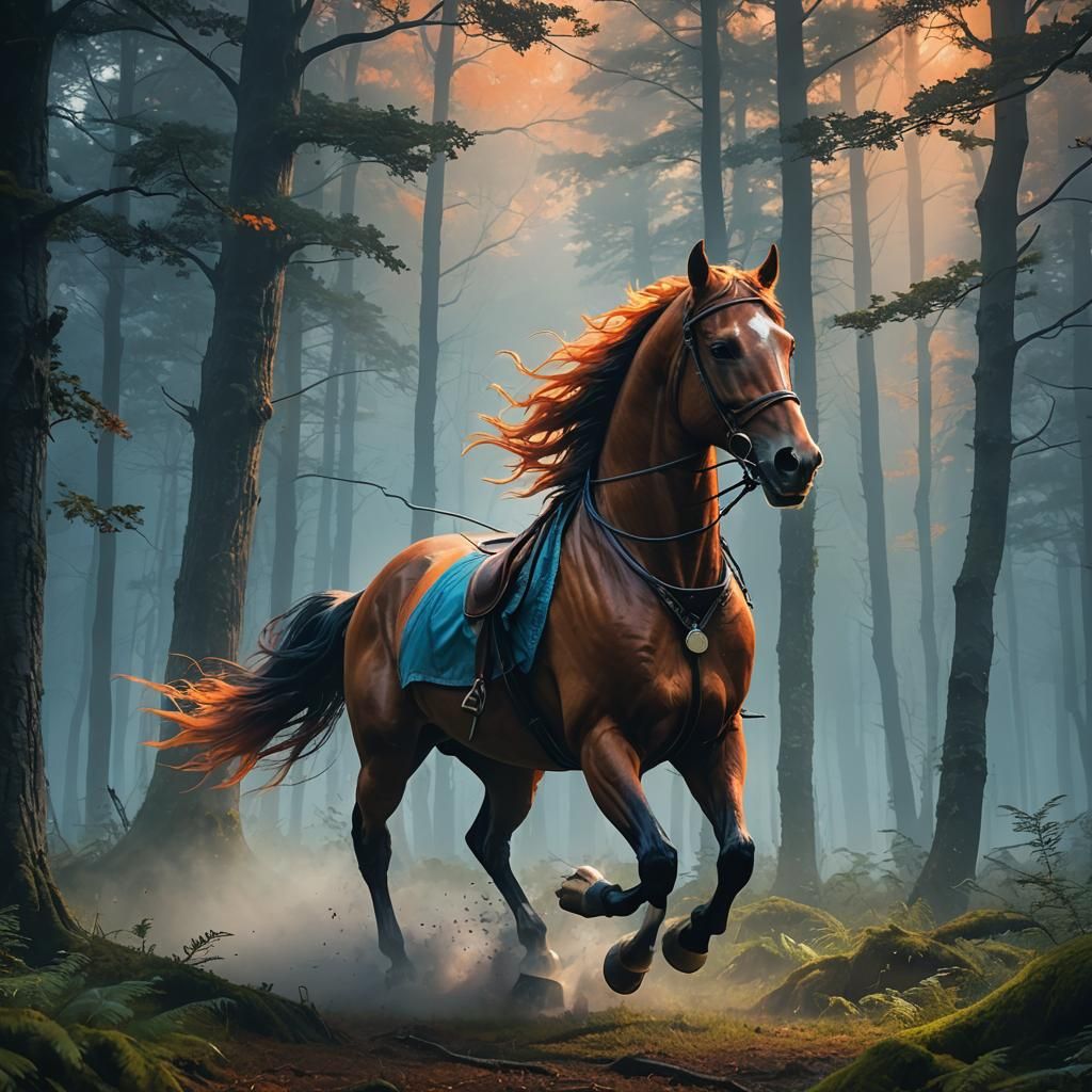 Majestic Horse Galloping Through Mystical Forest
