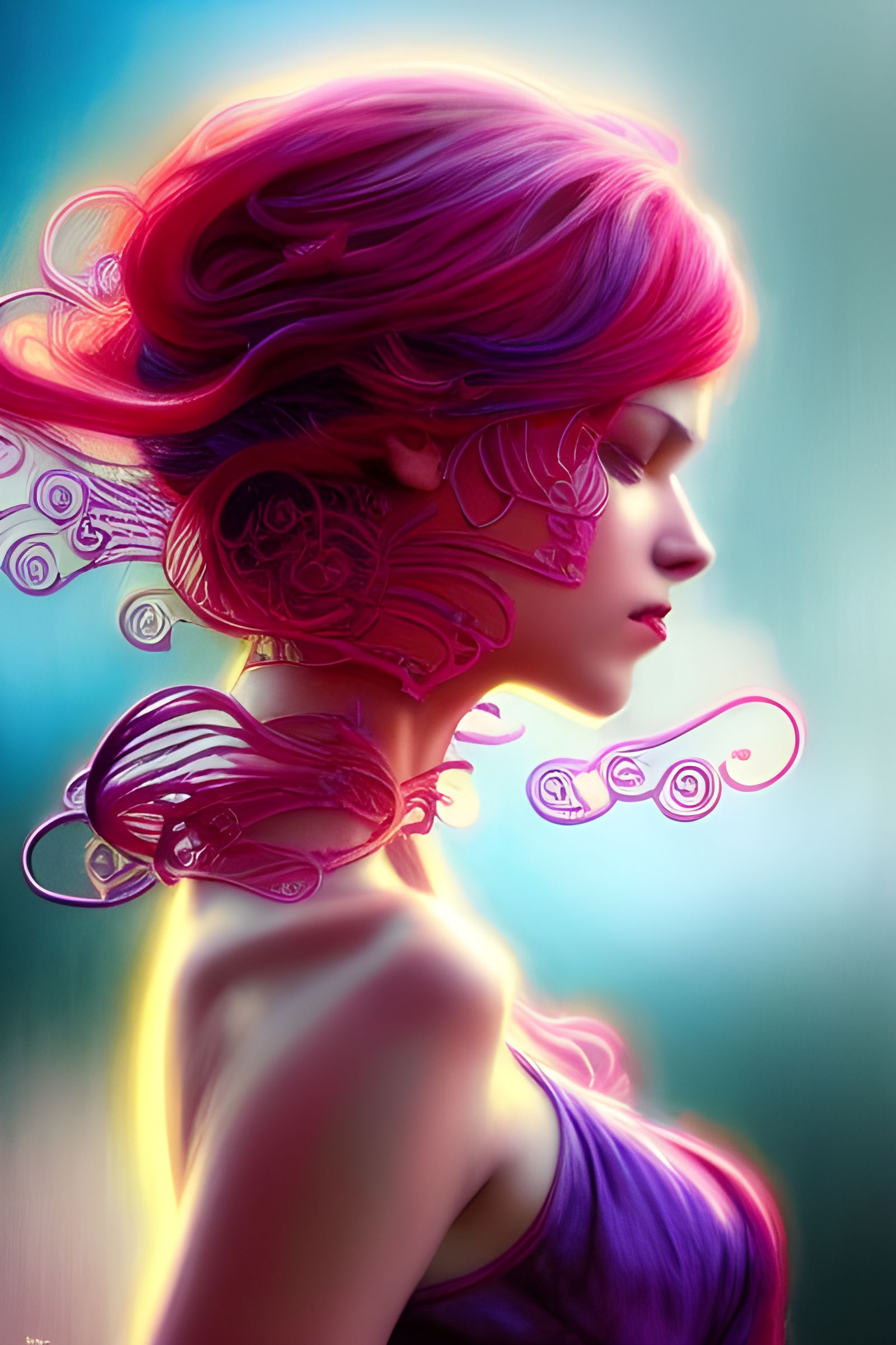 Intricate Scenic Illustration with Red and Purple Splashes