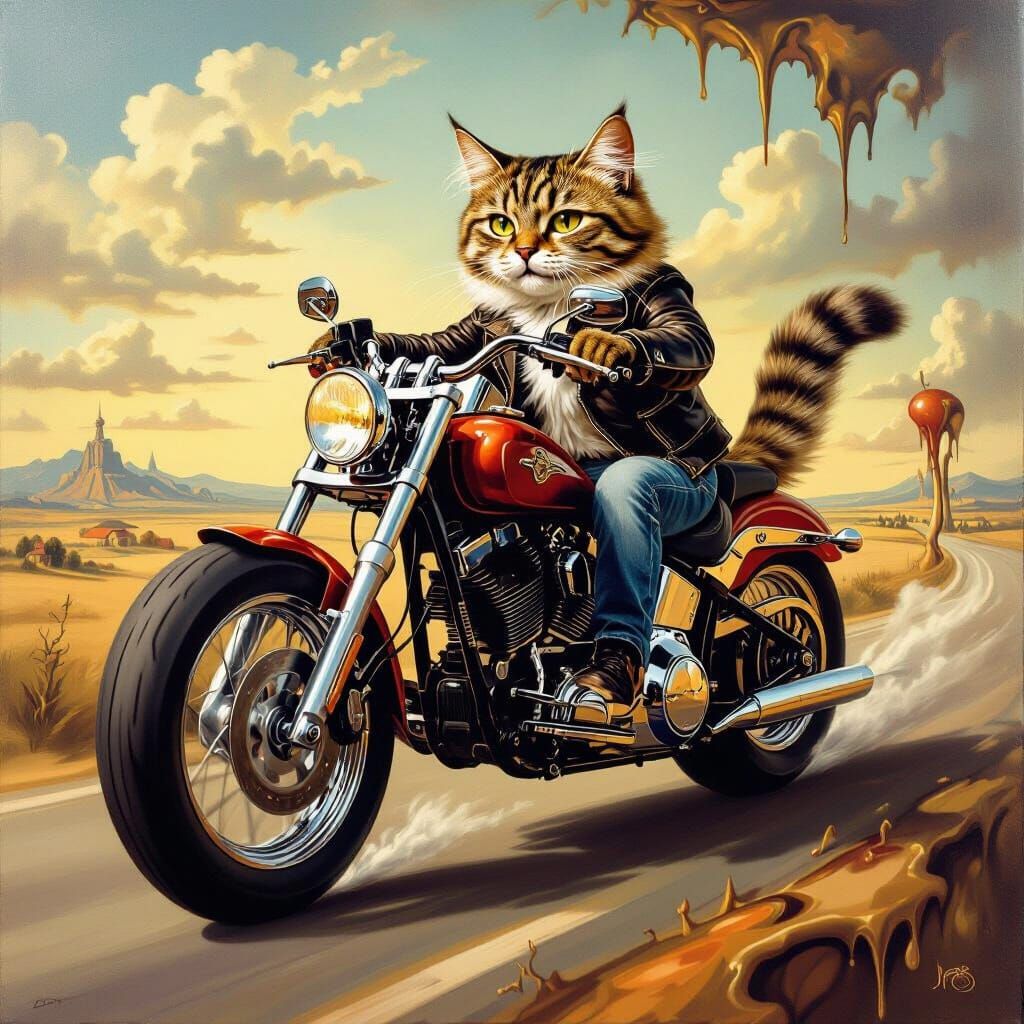 Cat on Motorcycle Chopper in Surreal Hyperrealism Style