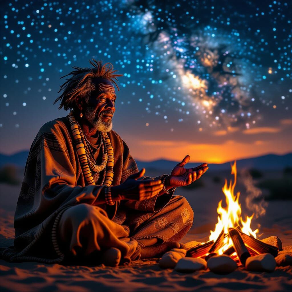 African Storyteller by Firelight Under Starry Desert Sky