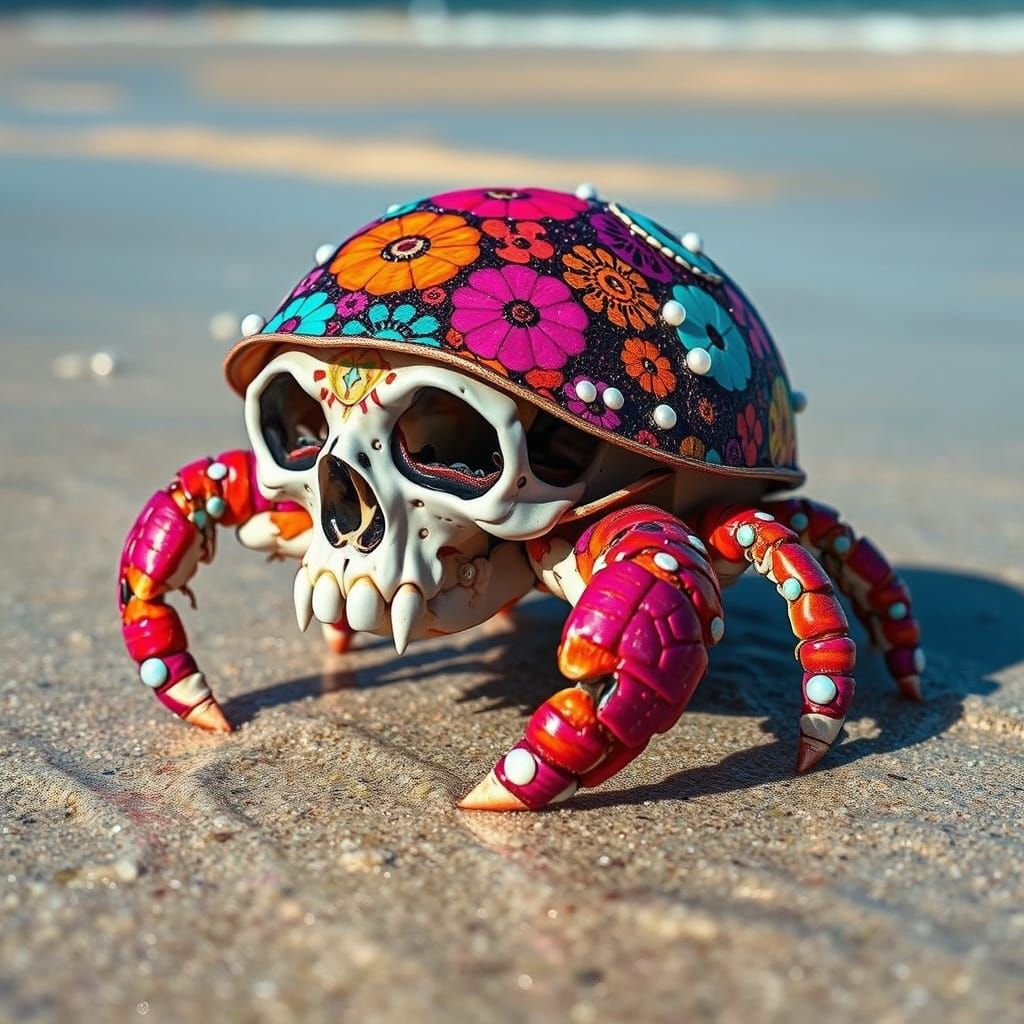 Psychedelic Hermit Crab Walks on Sunlit Beach