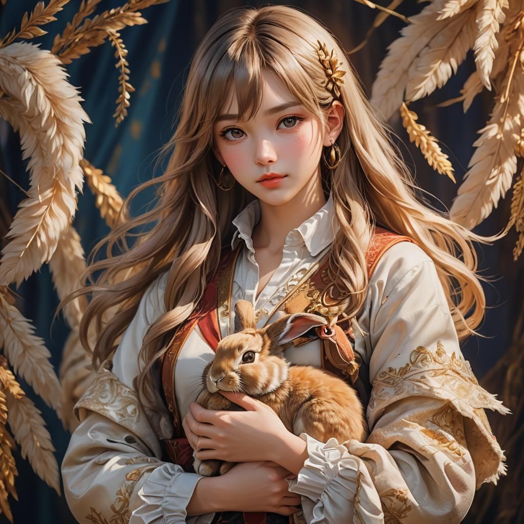 Anime Portrait of Woman with Rabbit in Studio Trigger Style