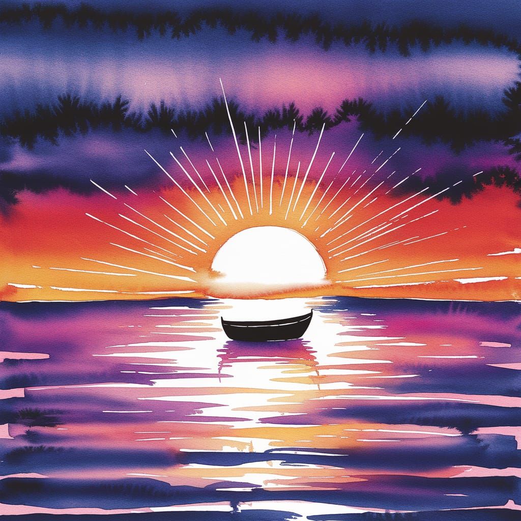 Watercolor Sunset Over the Sea with Boat