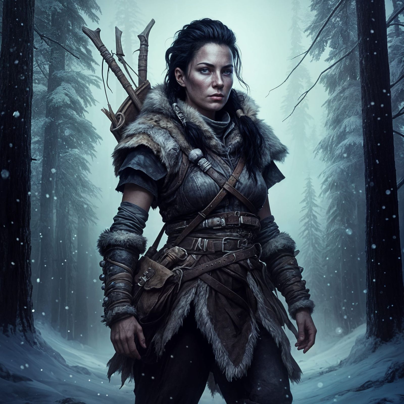 Dark Fantasy Survivalist in Icy Forest