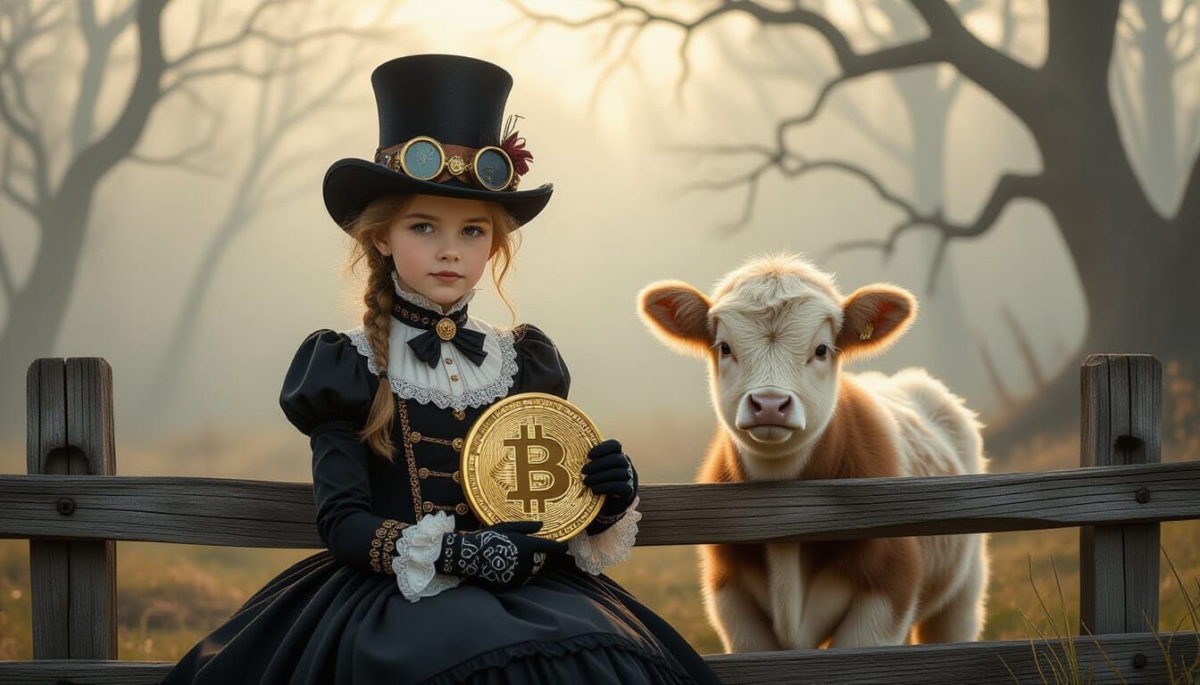 Steampunk Girl with Bitcoin in Misty Forest