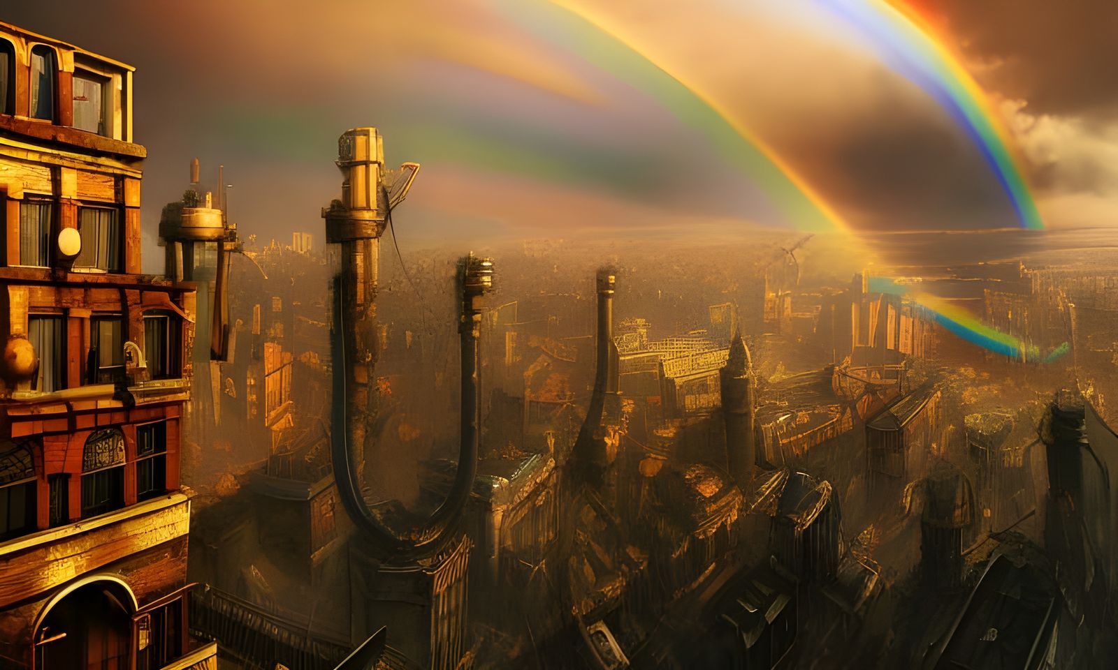 Steampunk Rainbow Over Dystopian City