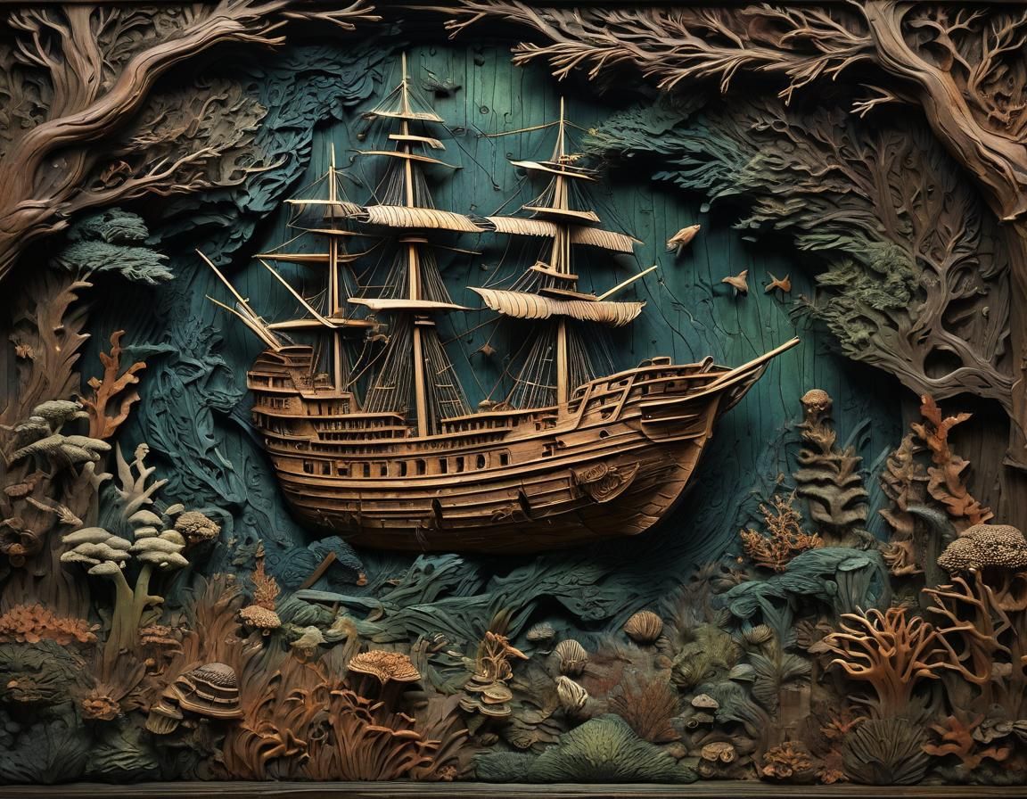Detailed Wood Carving of Sunken Ship in Bas-Relief