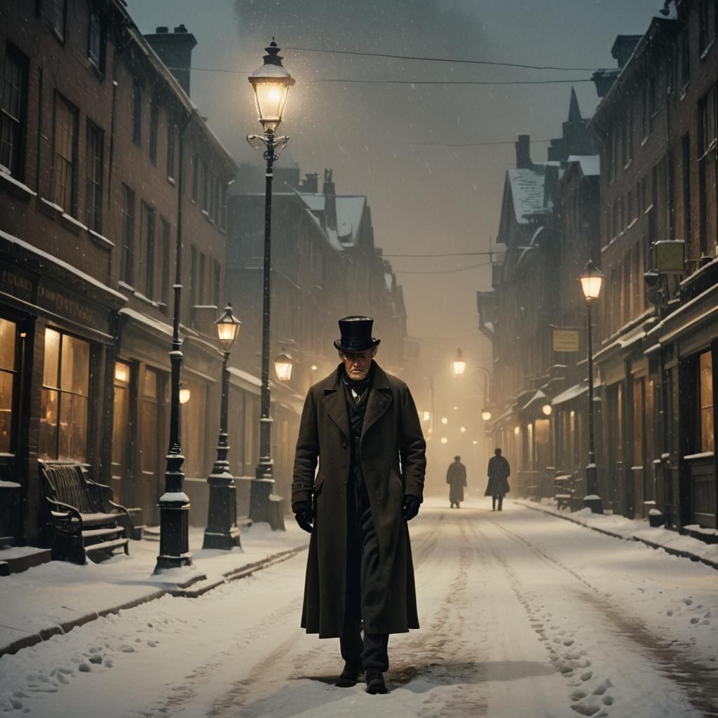 Ebenezer Scrooge in Snowy Victorian London