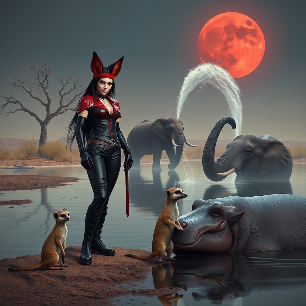 Goth Queen with Fennec Fox Ears, Samara, and Hippopotamus