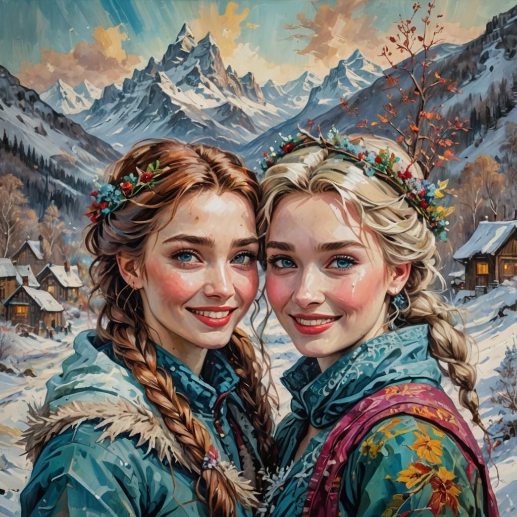 Anna and Elsa at the mountain