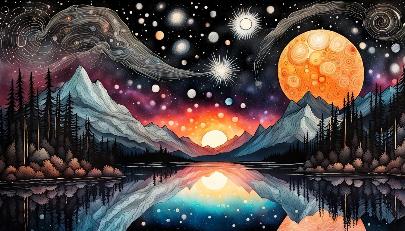 Night Sky Over Lake: Chiaroscuro Ink Painting