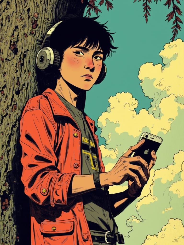 Punk Neo-Noir Comic Art with Halftone Texture