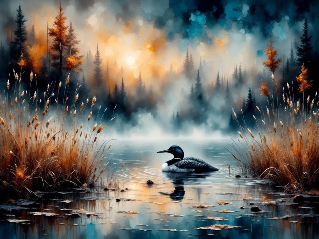 Misty Autumn Lake Scene in Vibrant Watercolor Oil Painting S...