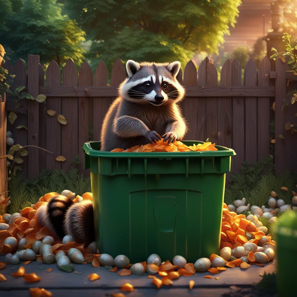 Animated Raccoon Scavenging in Green Bin at Sunset
