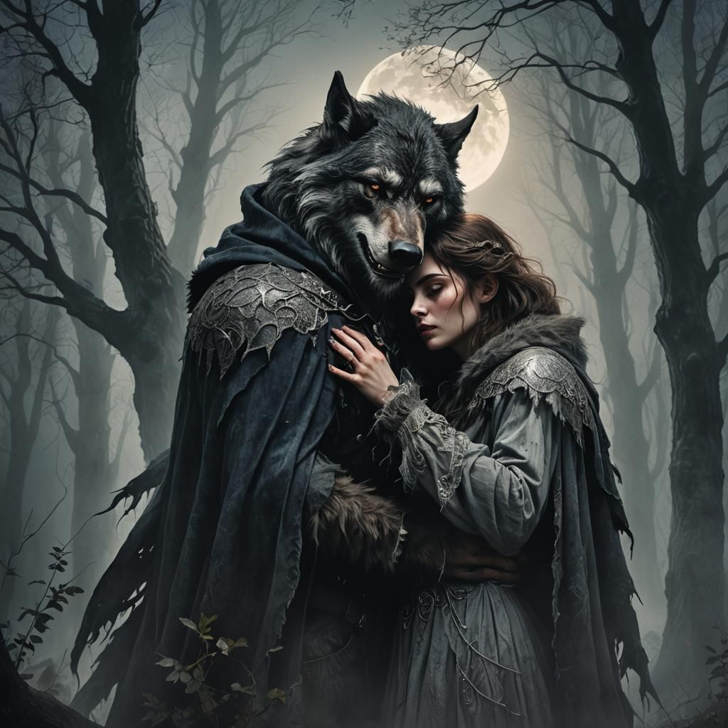 Werewolf Embrace in Misty Forest: Gothic Romanticism