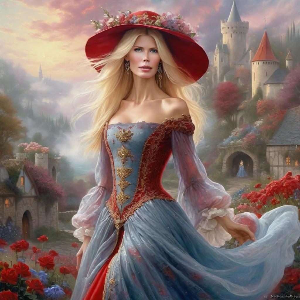 Claudia Schiffer in medieval clothes in a fantasy world with flowers , red Dress, Head and shoulder, ethereal fantasy hy...