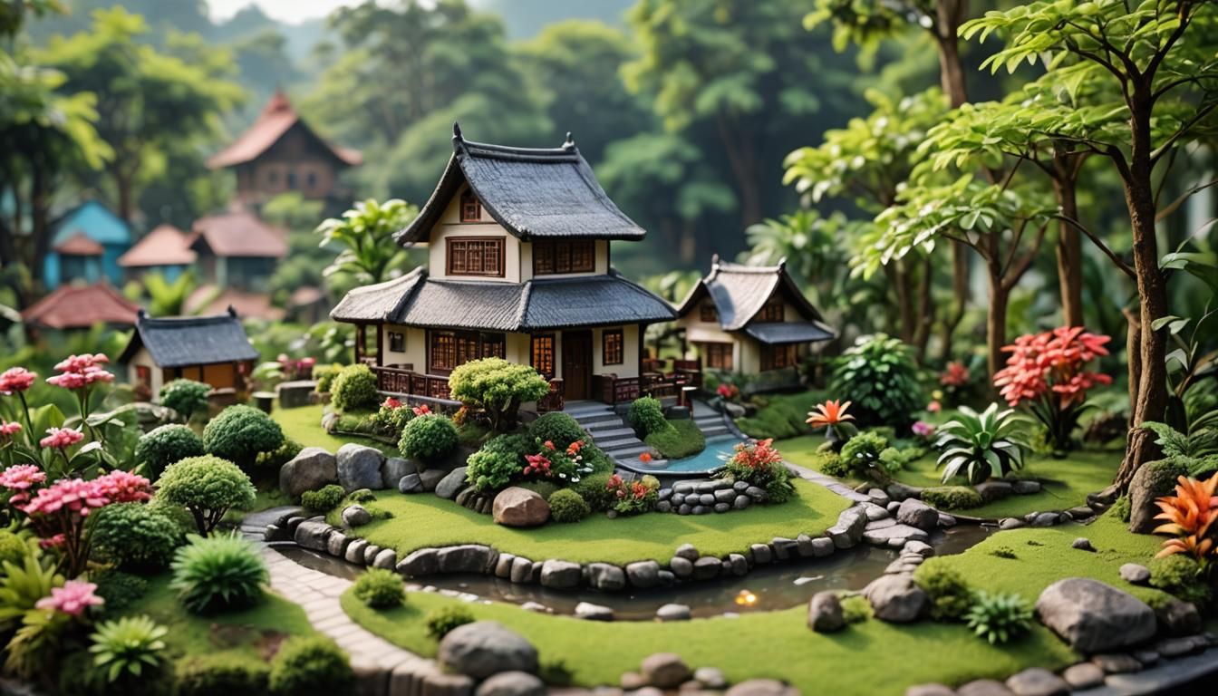 Realistic 3D Miniature House and Garden Landscape