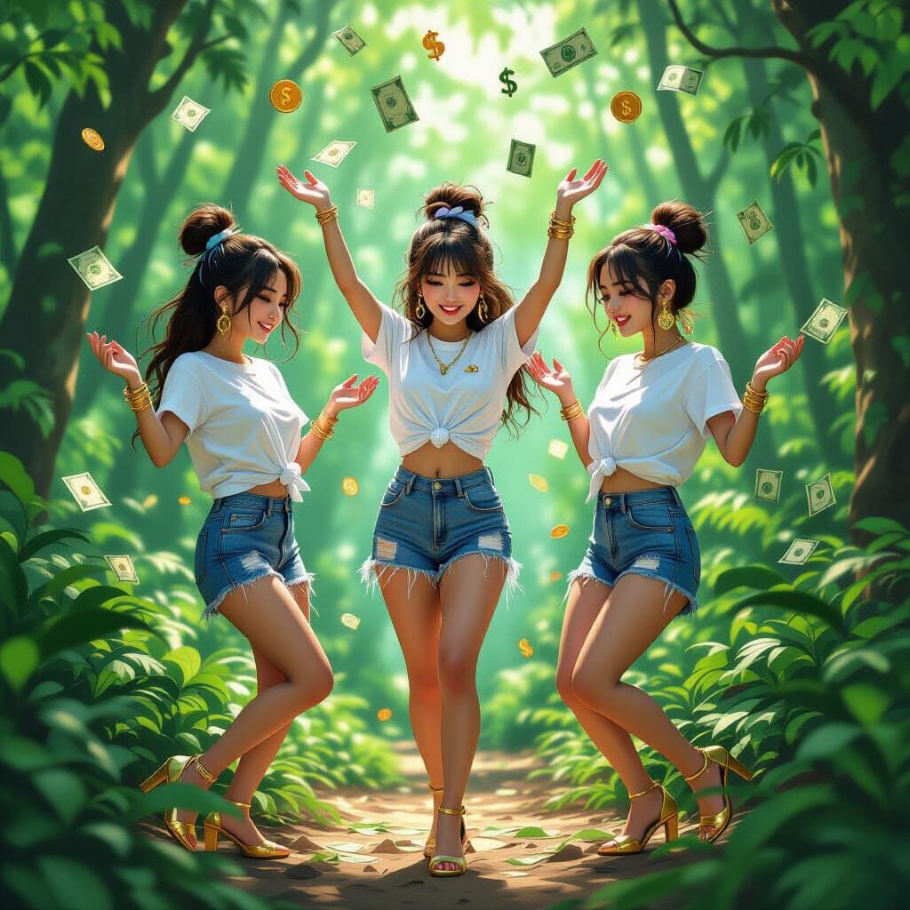 Currency Rain Dance: Malaysian Girls in Forest