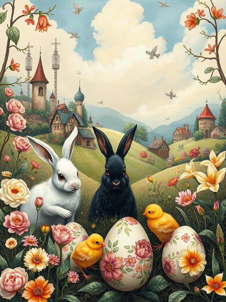 Whimsical Easter Landscape with Bunnies and Chicks