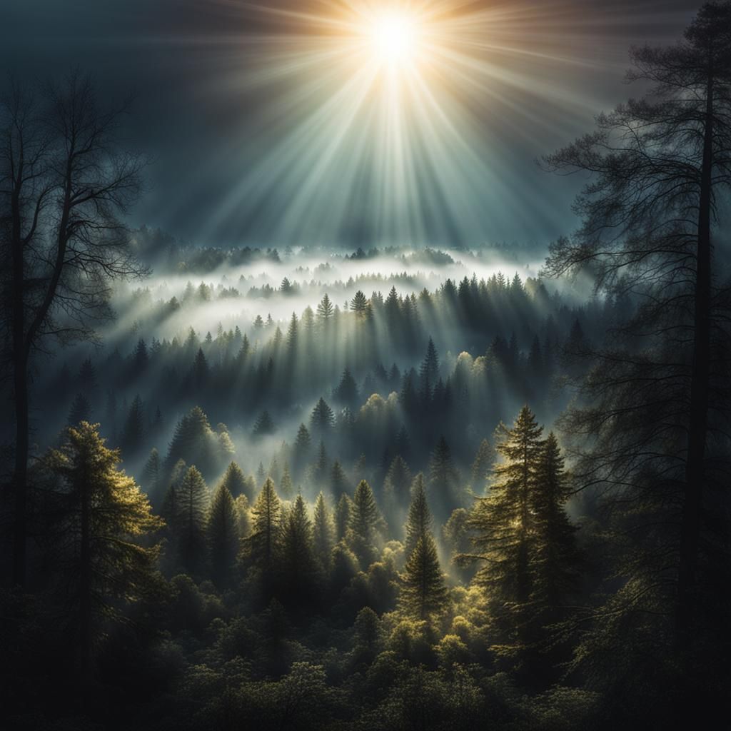 Misty Forest Landscape with Divine Sunshine