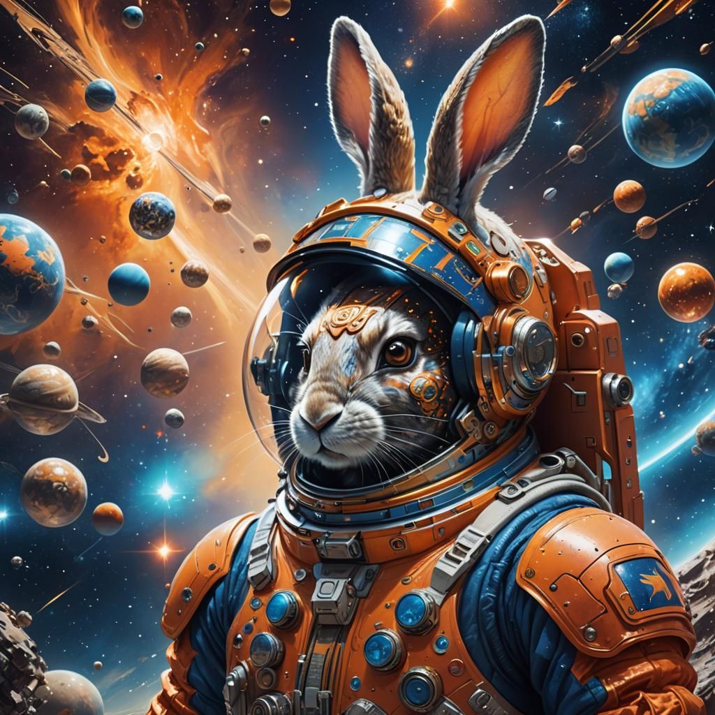 Bunny in Spacesuit Among Stars: Fantasy Concept Art