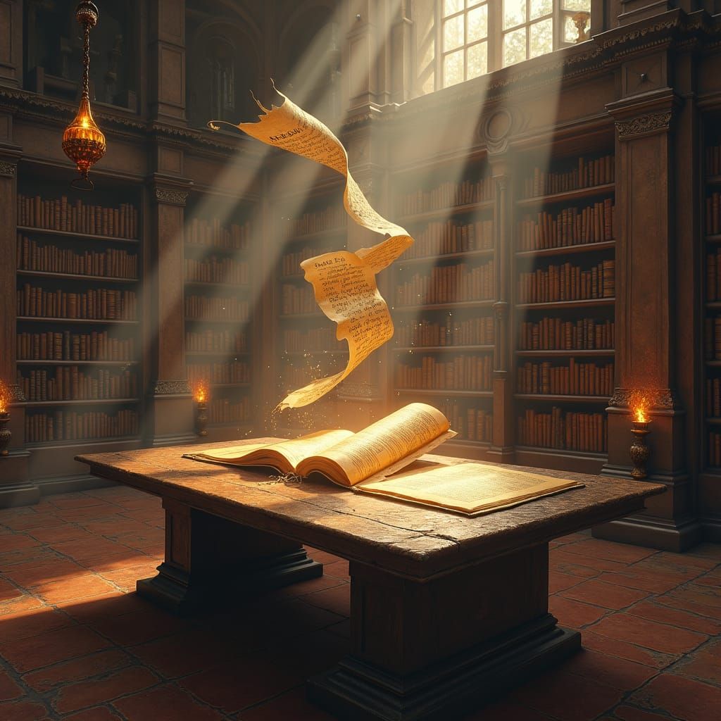 Mystical Ancient Library with Floating Magic Wand