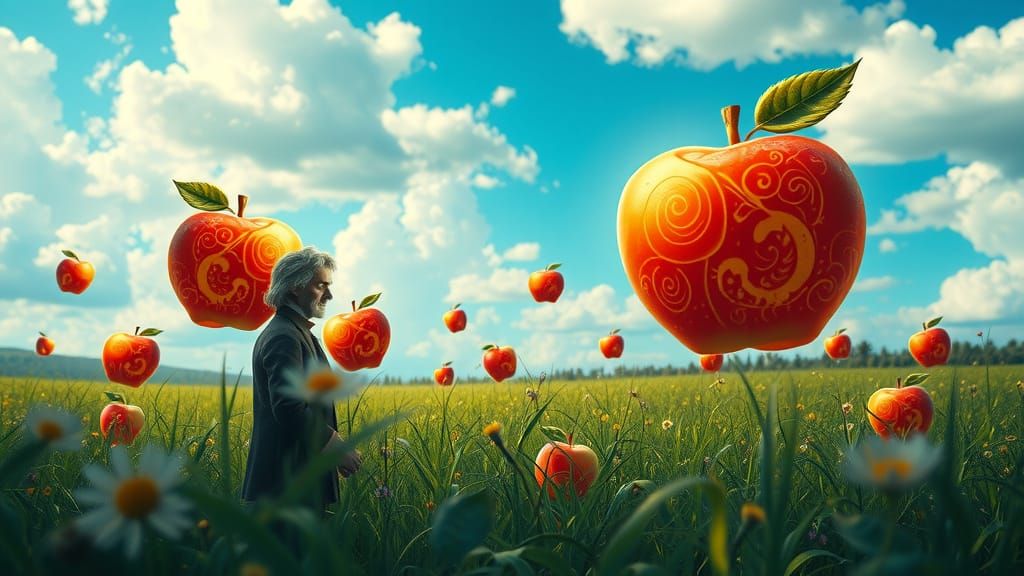 Apples Defy Gravity in Vibrant, Dreamlike Landscape