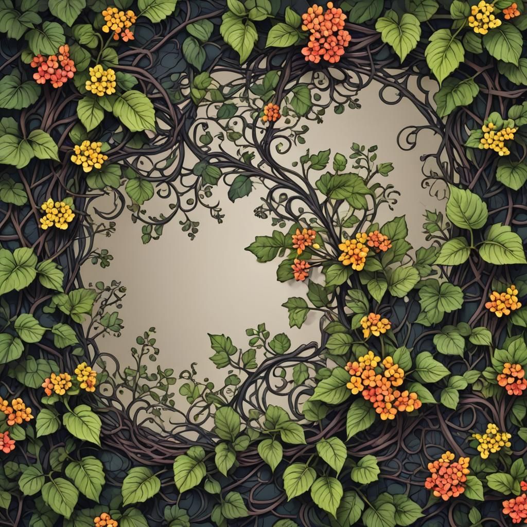 Vignette Frame with Vines and Lantana, Realistic