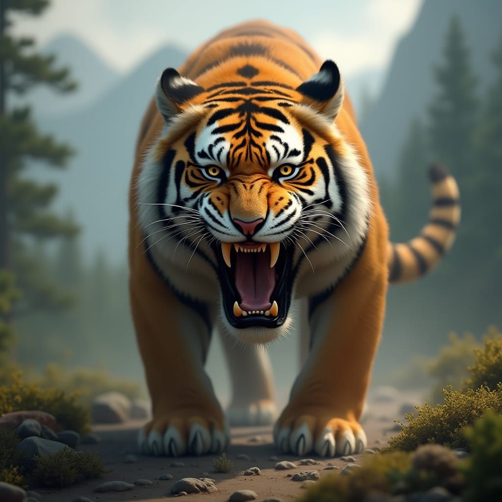 Fierce Saber-Tooth Tiger in Epic Roar, Fantasy Concept Art