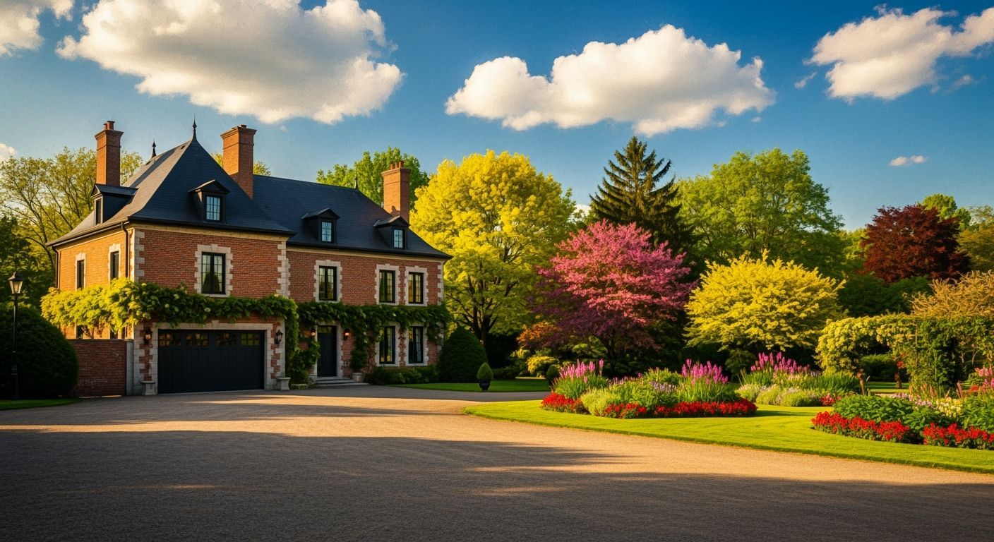 Grand Brick Chateau with Vibrant Garden in Golden Hour