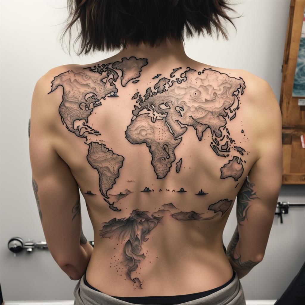 Girl's Waterworld Back Tattoo: Map to Dry Land