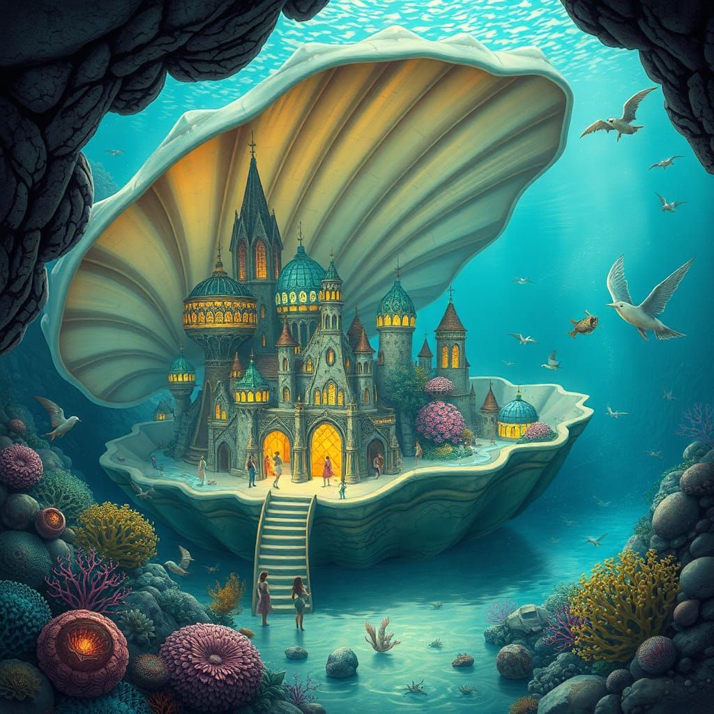 Underwater City in Clam Shell: Fantasy Illustration