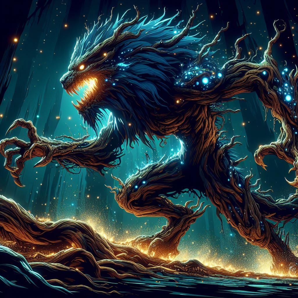 Bioluminescent Tree vs Demon Lion in Dark Rainforest