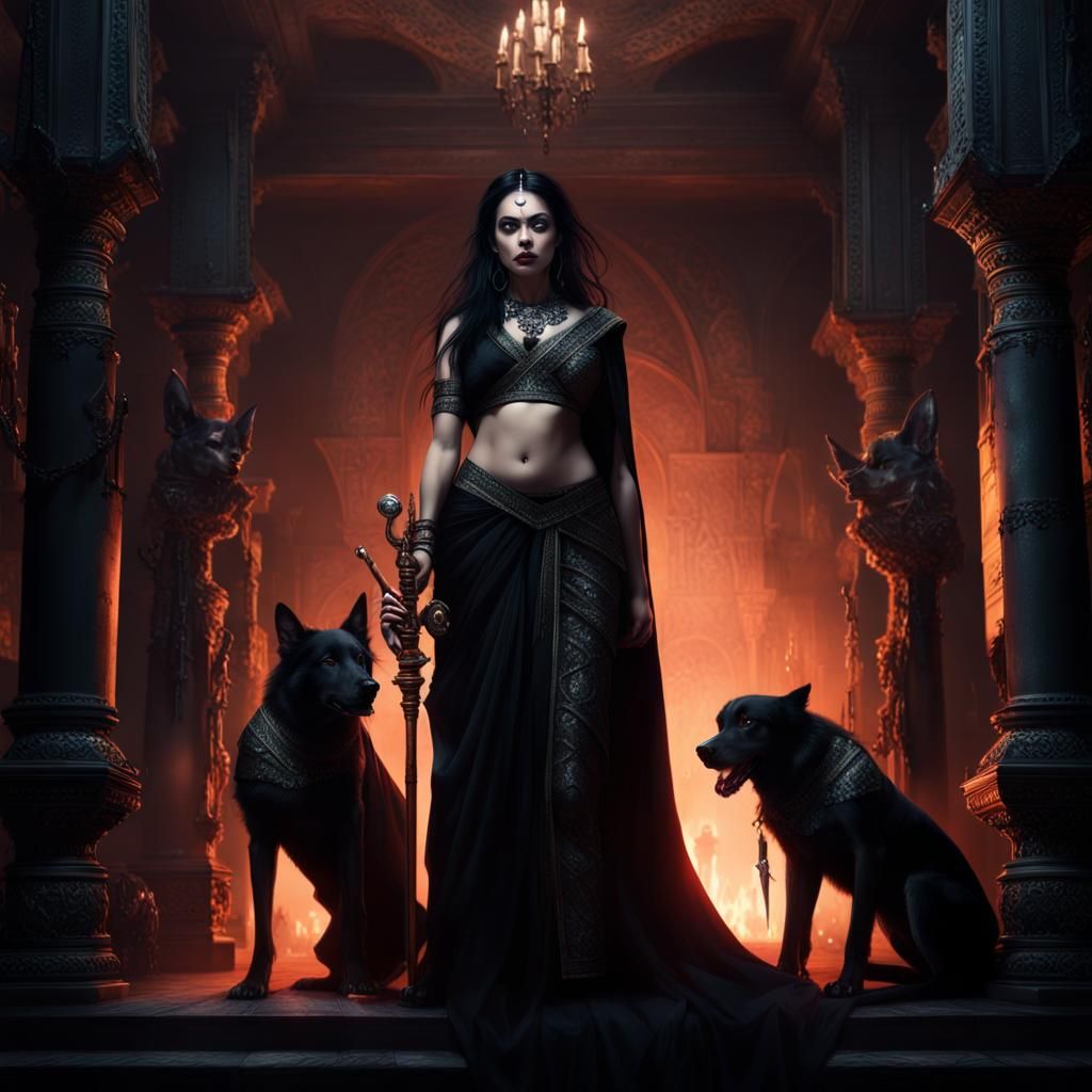 Dark Goddess with Hellhound in Spooky Shrine