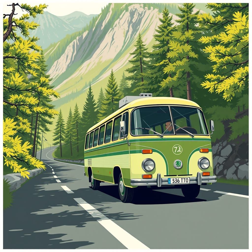 Vintage Skoda Bus on Mountain Road Illustration