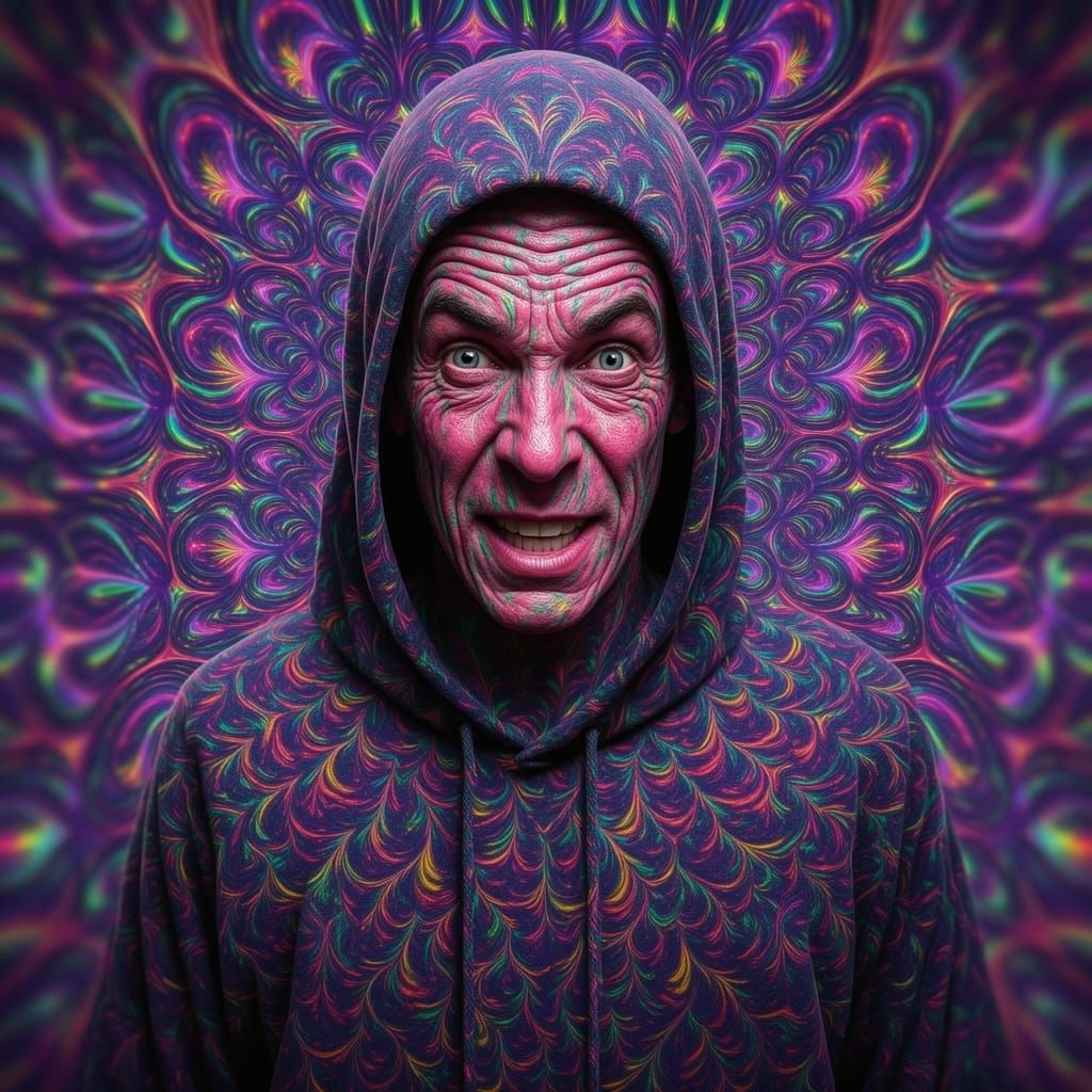 Elastic reality, warped and stretched, surreal Lichtenberg Fractal Fusion, monk with crazy lunatic expression. infinite ...