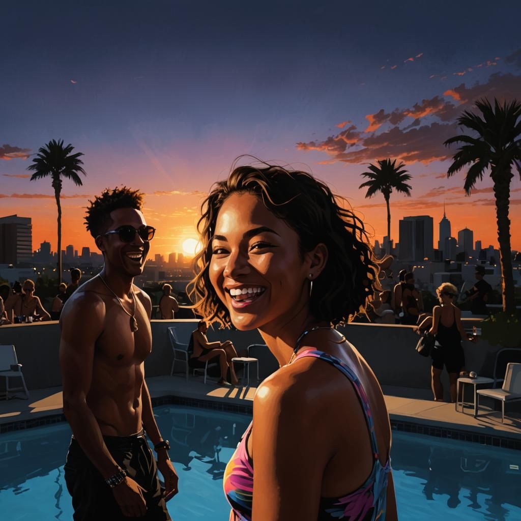 Vibrant Rooftop Raver Basks in Sunset