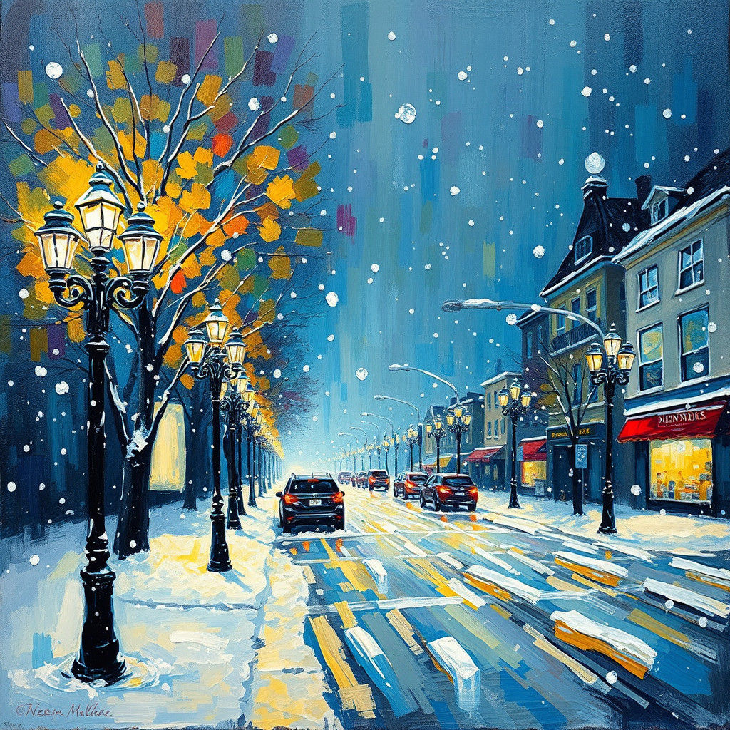 Street Lights on Snowy Day: Expressionist Oil Painting