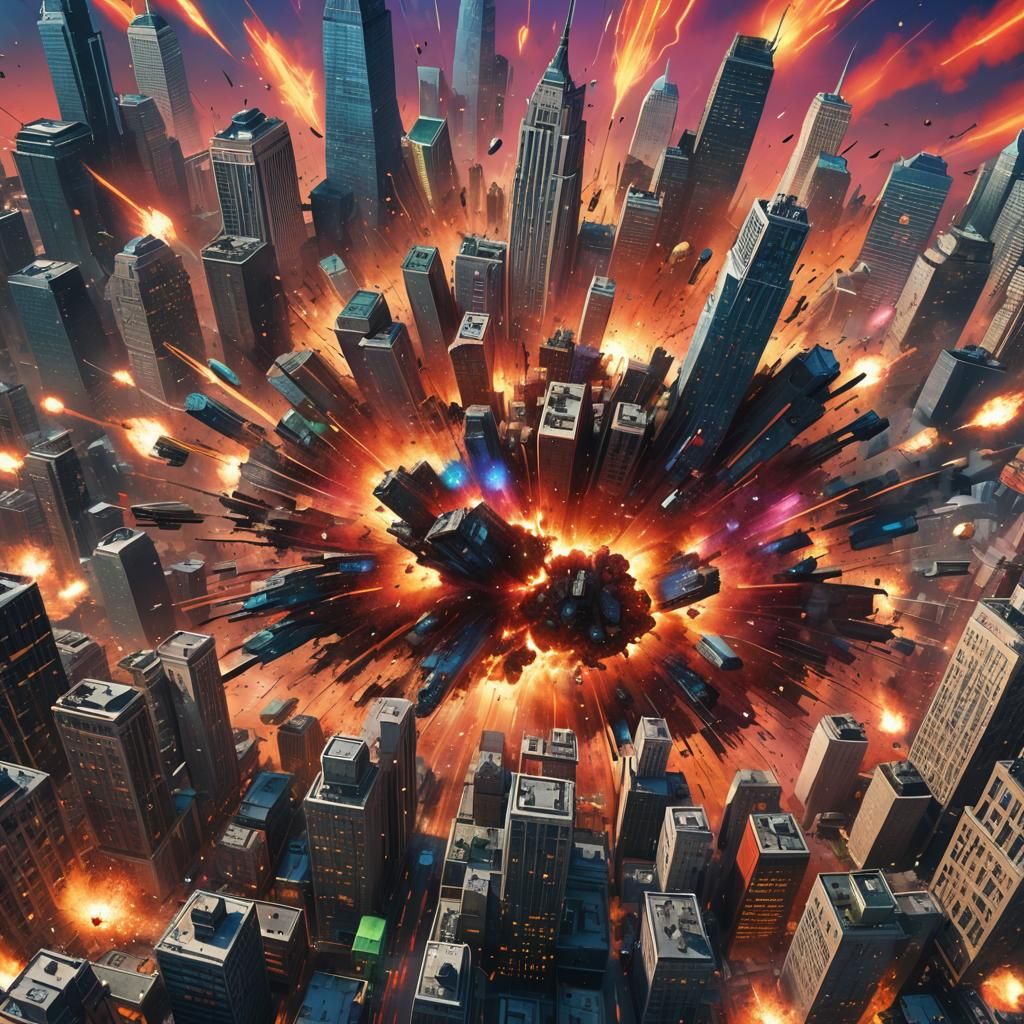 Explosive Comic Book Style Cityscape with Onomatopoeia