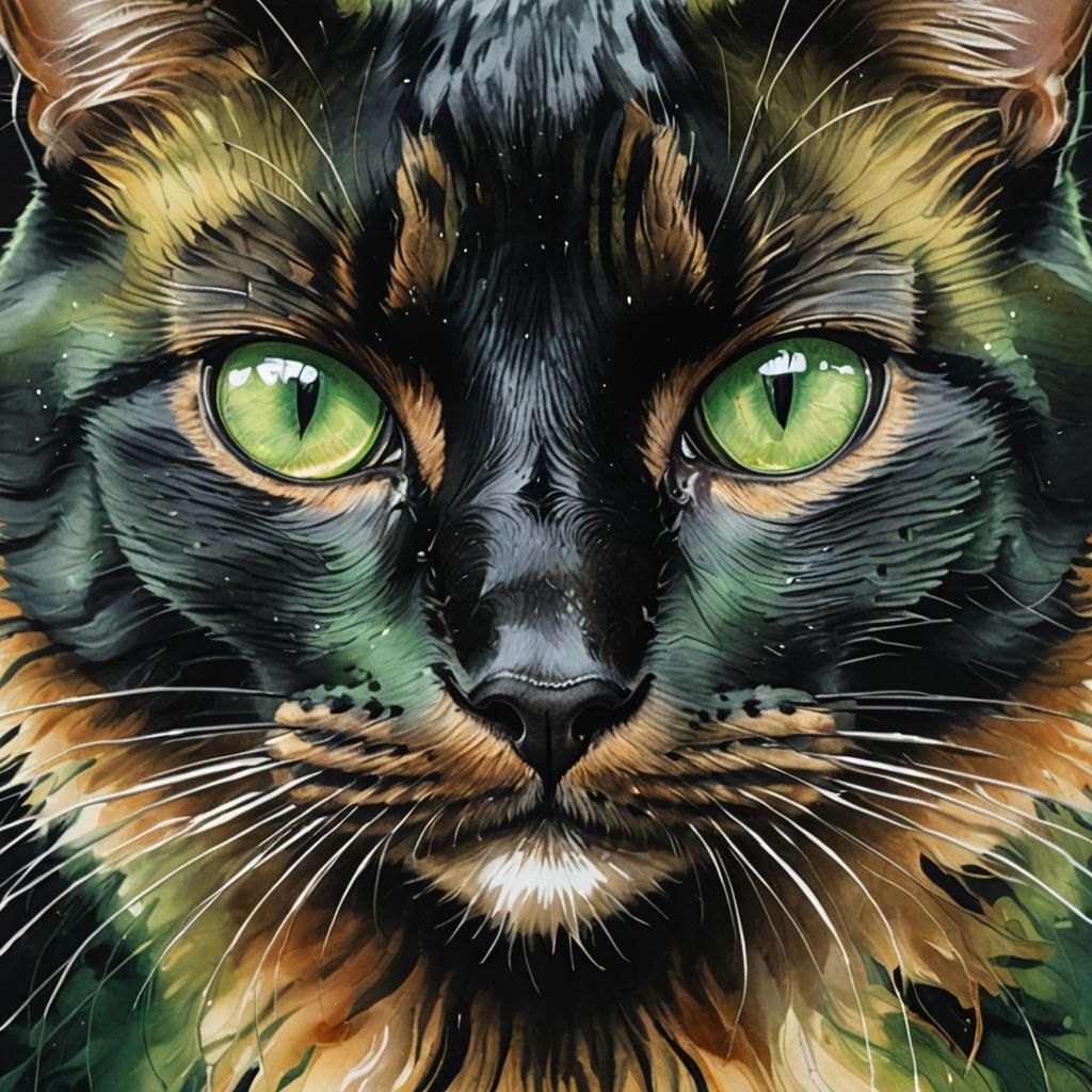 Majestic Black Cat with Emerald Eyes in Gouache