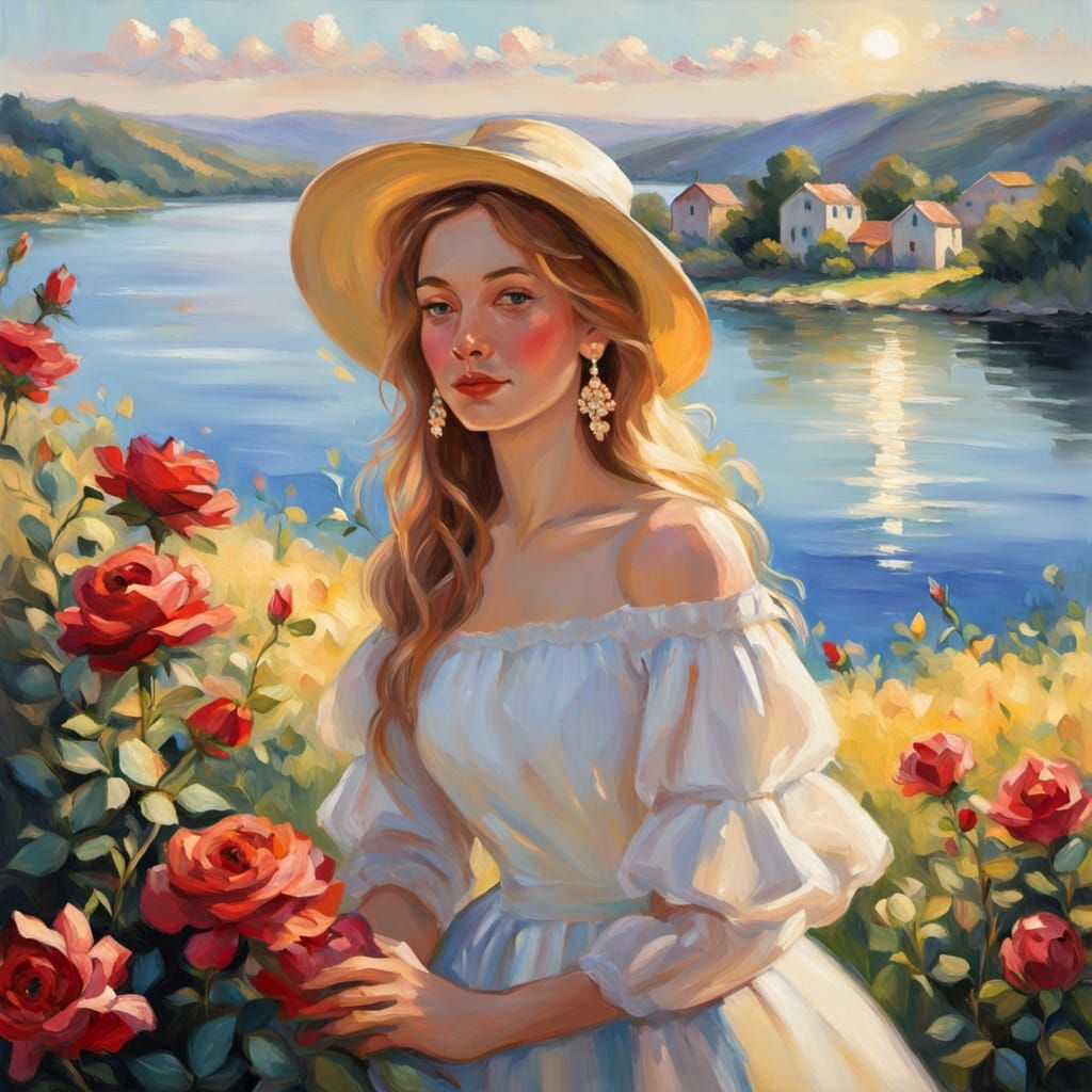 Impressionistic Portrait of Woman in Rose Hat