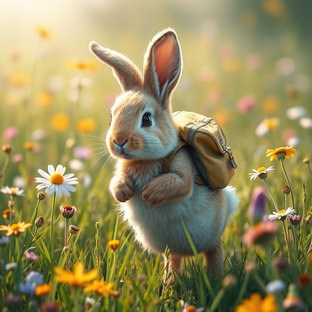 Whimsical Bunny Hops Through Vibrant Meadow in Realistic Art