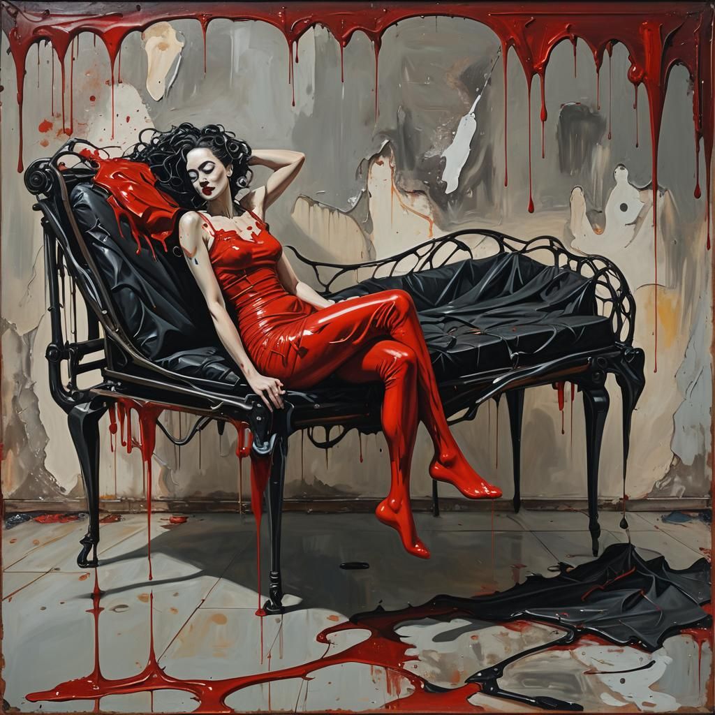 Surreal Woman Lounging on Distorted Bed