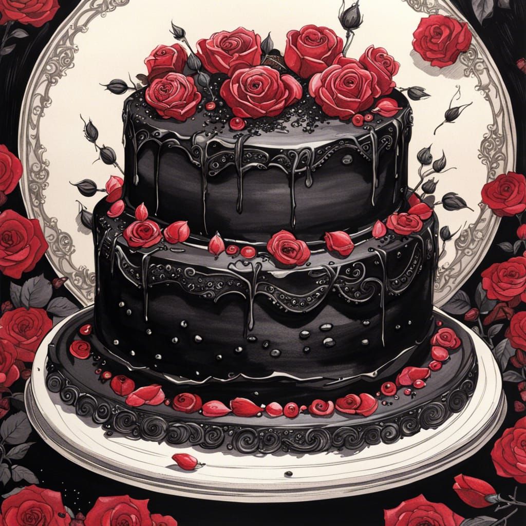 Goth Cake with Black Frosting in Ink Painting Style