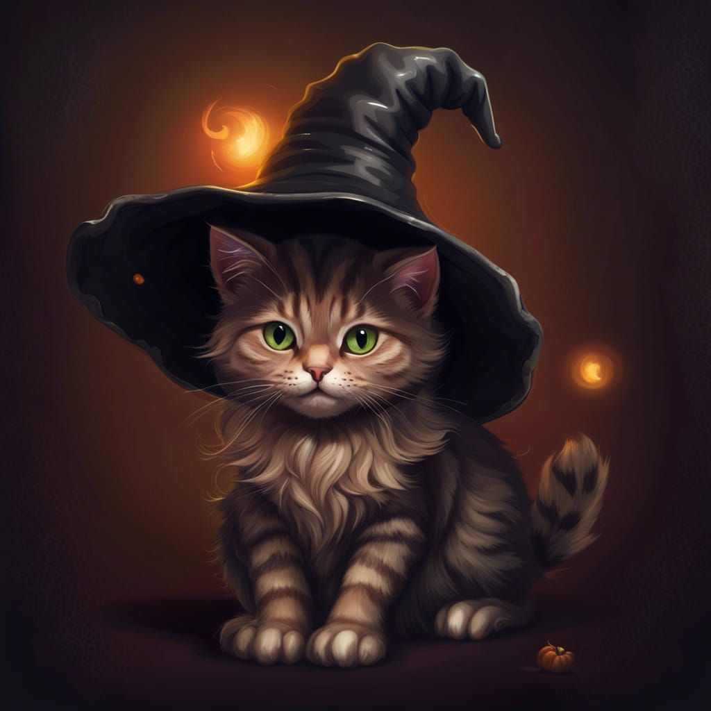 Realistic Halloween Cat in Witch Hat Illustration