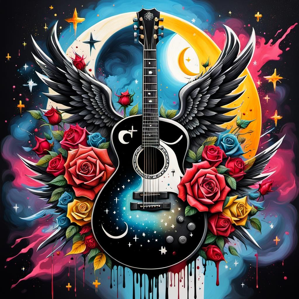 Black Guitar with Celestial Elements in Graffiti Art