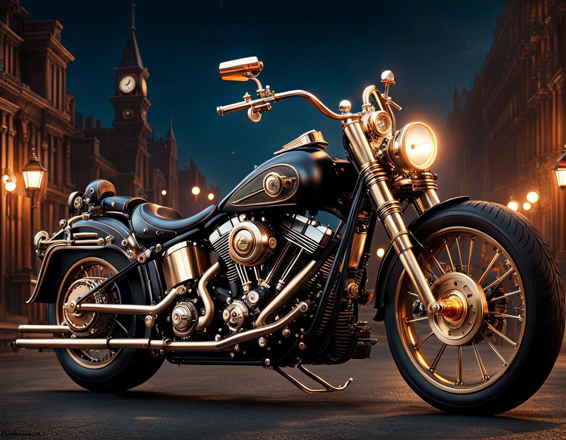 Steampunk Harley Davidson Motorcycle at Night