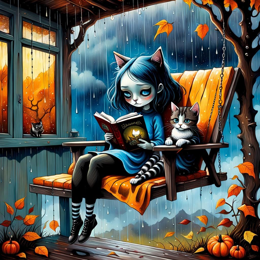 Girl, Kitten, and Rain: Pop Surrealist Painting