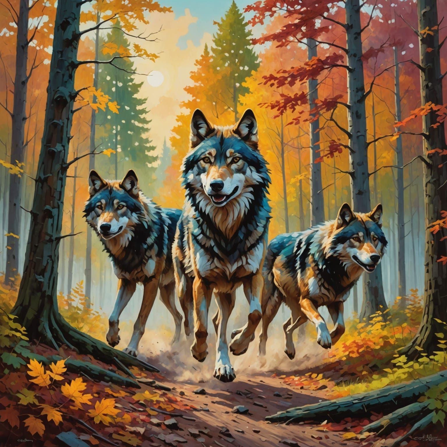 Wolves Running Through Autumn Forest as Oil Painting