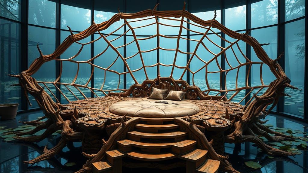 Imaginative Wooden Spider Web Bed in a Luxurious Room